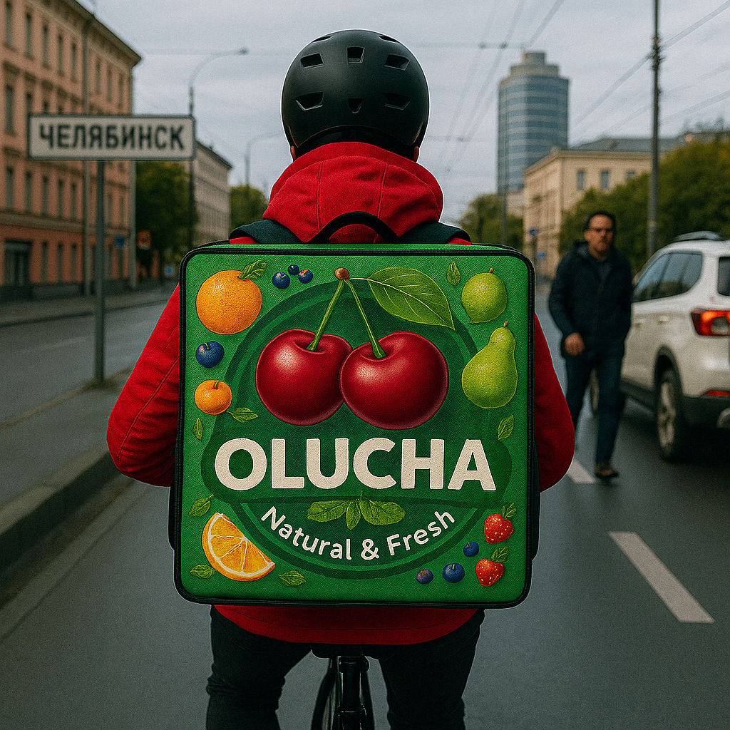 Доставка свежих продуктов по Челябинску - курьер с пакетом фруктов и овощей